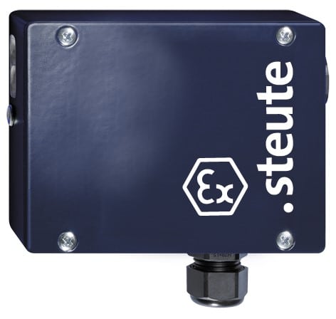 Dark blue industrial switch box with "steute" and "Ex" printed on the side.