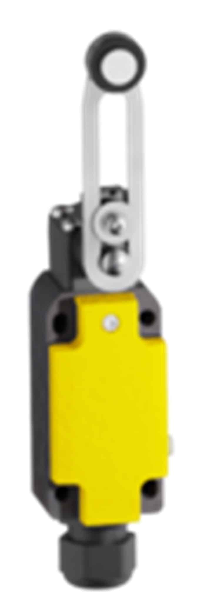 Yellow industrial limit switch with roller lever on a white background.