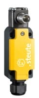 Yellow and black industrial sensor switch with "steute" branding and a metal connector on top.