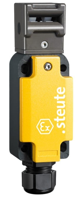 Yellow and black industrial safety switch with "steute" branding on the front.
