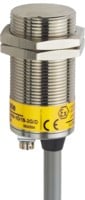 Metal cylindrical sensor with a yellow label and attached gray cable.