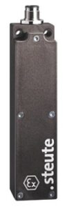 Rectangular industrial sensor labeled "steute" with an "Ex" symbol and a connector at the top.