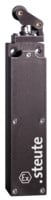 Black rectangular industrial limit switch with a rotating lever and "steute" branding on the front.