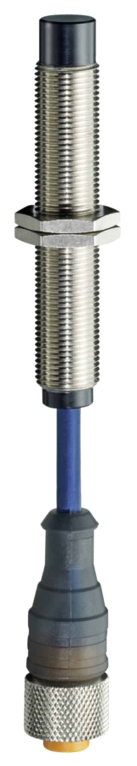 Metal cylindrical sensor with a cable and connector attached at one end.