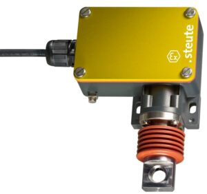 Yellow and gray industrial limit switch with cable, labeled "steute" and "Ex".