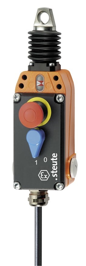 Industrial control switch with red and blue buttons, labeled "steute" and "Ex".