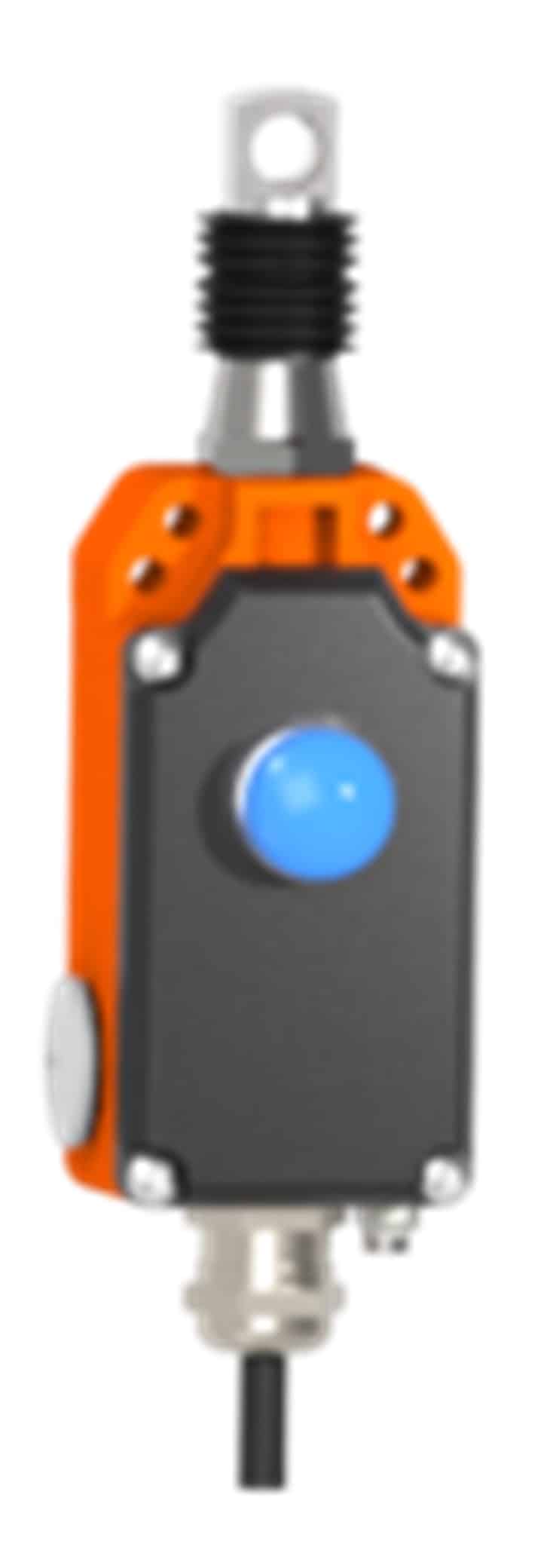 Orange and black industrial limit switch with a blue button and attached black cable.