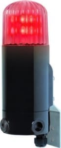 Black LED beacon light with a glowing red top, mounted on a metal bracket.