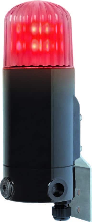 Black LED beacon light with a glowing red top, mounted on a metal bracket.