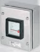 Stainless steel electrical enclosure with a front-facing analog gauge.