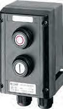 Black electrical control box with two buttons and labeled information at the bottom.