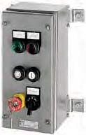 Metal electrical control panel with buttons, switches, and indicator lights on the front.