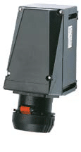 Black industrial electrical connector with a rectangular casing and a round base.