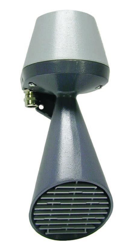 Gray and black industrial signalling hooter with a conical horn and vented front grill.
