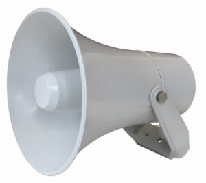 A white outdoor horn loudspeaker with a mounting bracket.