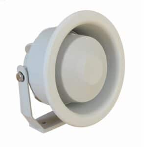 A round, white siren or alarm with a mounting bracket, viewed from an angle.