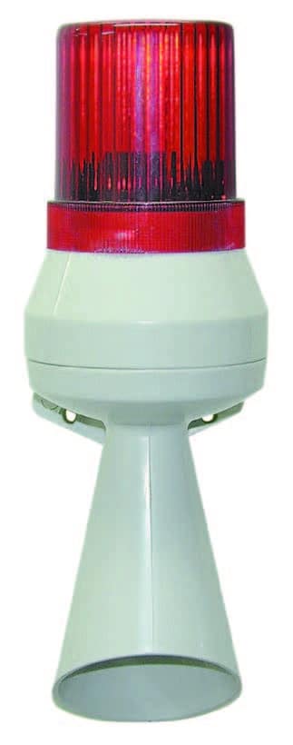 Red and white emergency siren with a flared horn and cylindrical red light on top.