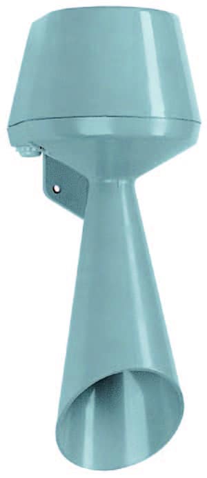 A grey industrial signalling hooter with a horn-shaped design, mounted on a wall bracket.