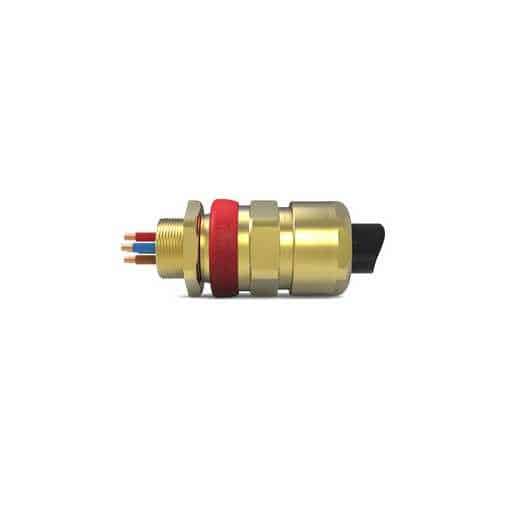A brass cable gland with exposed colored wires on a white background.