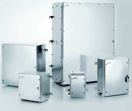 Five stainless steel electrical enclosures of various sizes on a white background.