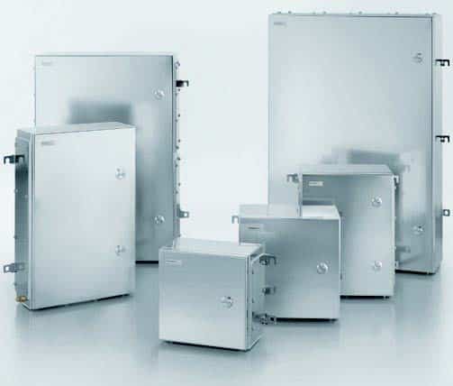 Six metal electrical enclosures of various sizes are displayed against a light background.
