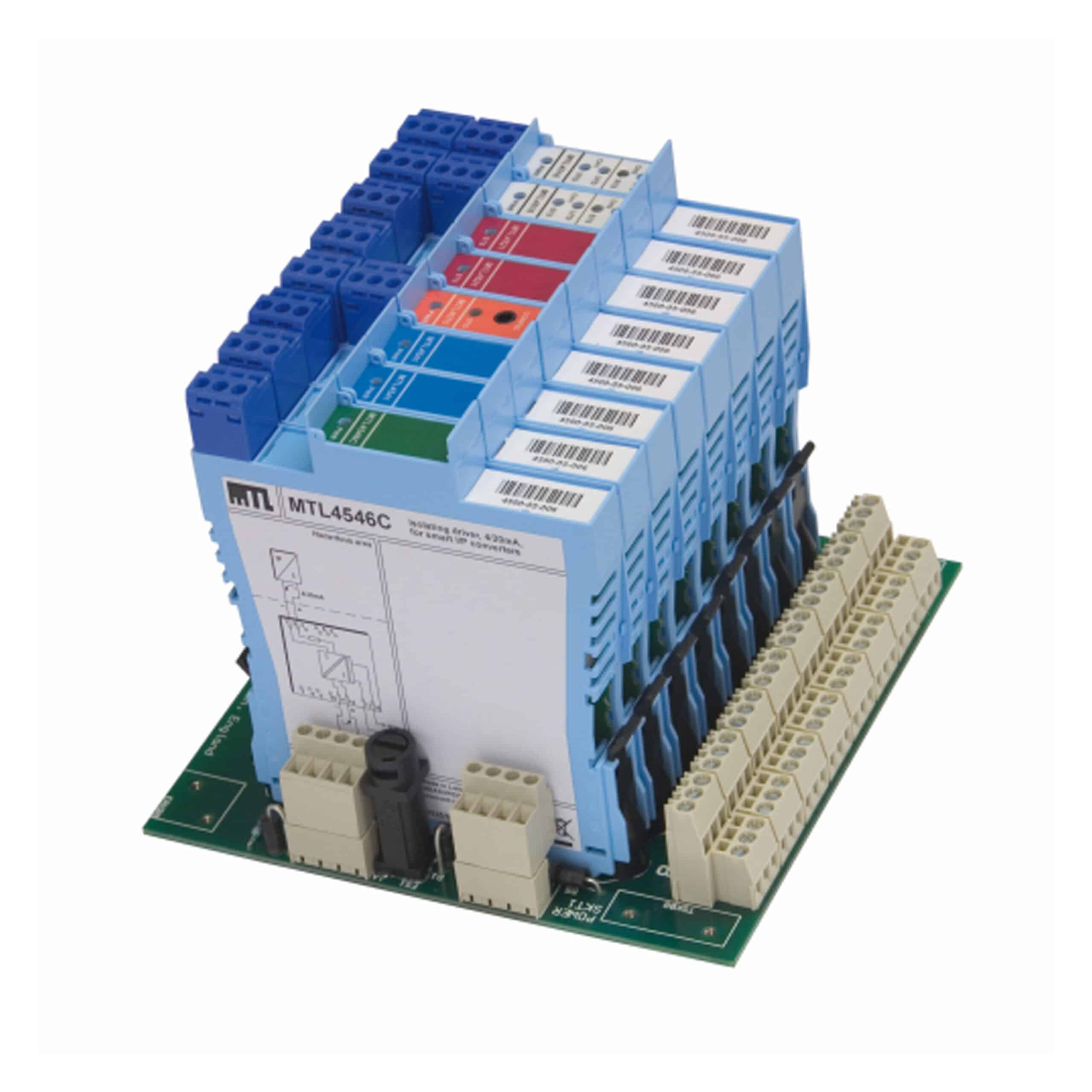 A blue MTL4546C electronic module mounted on a green circuit board with terminal connectors.
