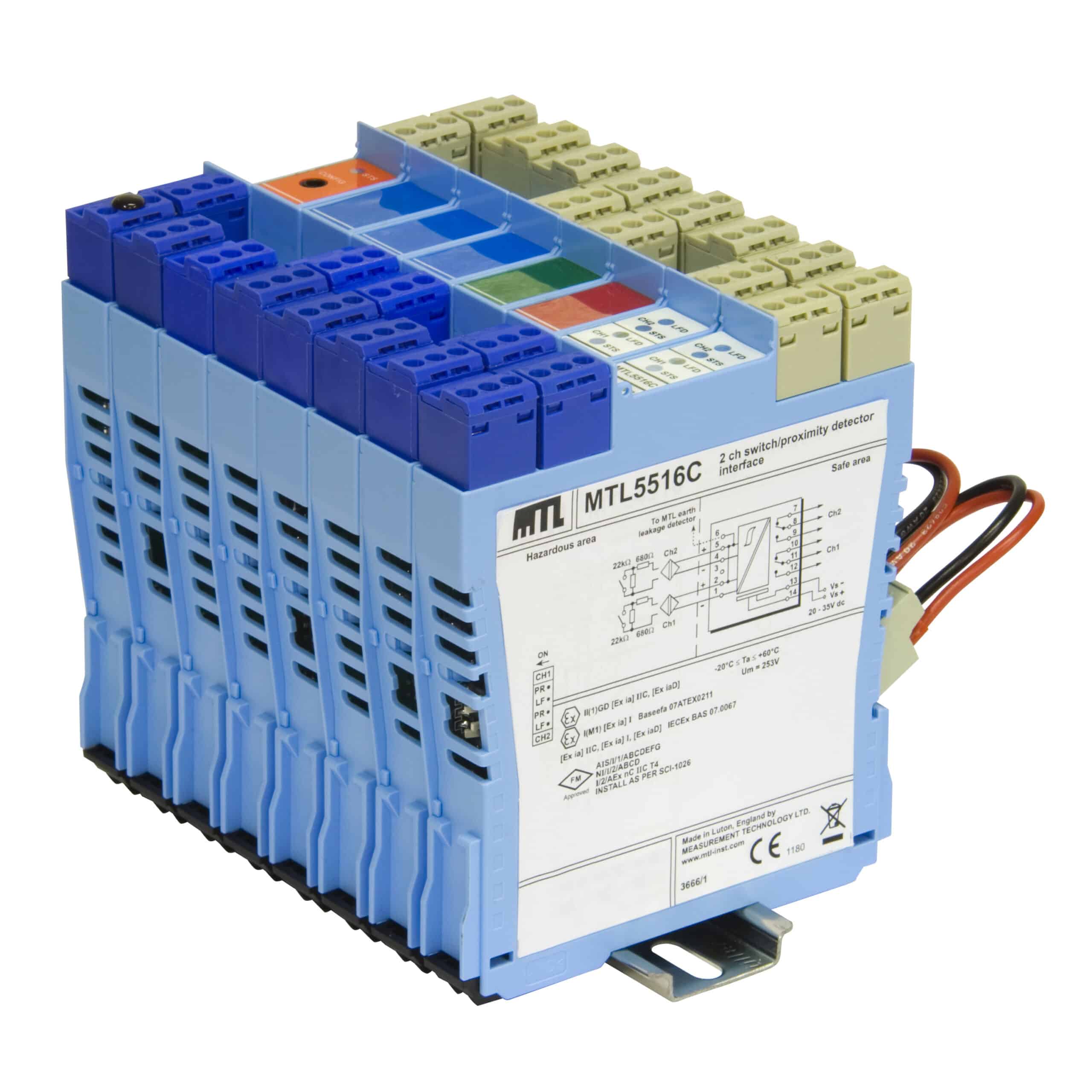 Blue MTL5516C industrial interface module with labeled terminals and wiring diagram.