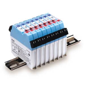 A blue and white industrial relay module mounted on a metal DIN rail.