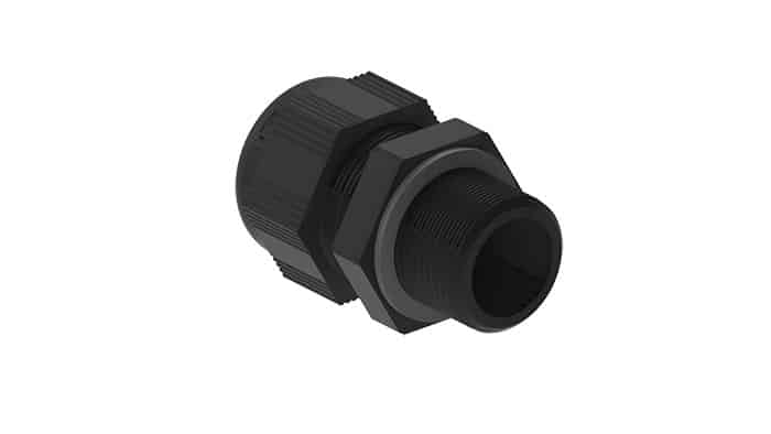 Black plastic threaded pipe fitting on a white background.