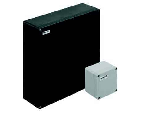 Two rectangular electrical enclosures, one black and large, one gray and small, on a white background.