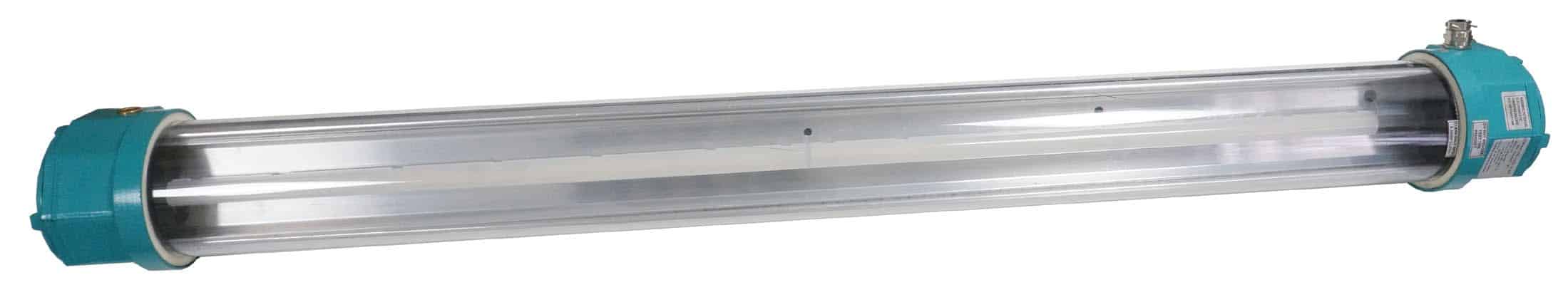 Tube-shaped industrial LED light fixture with blue end caps.
