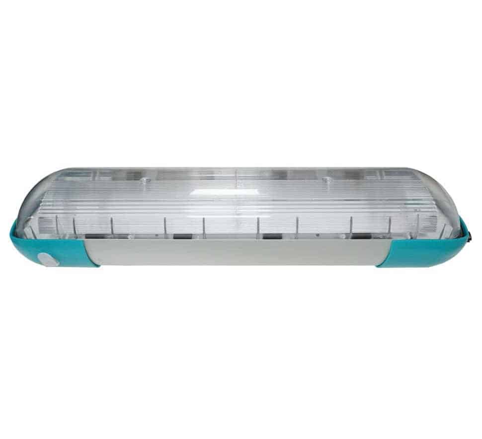 Rectangular LED light fixture with a clear cover and teal end caps, viewed from the front.