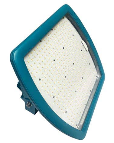 Rectangular LED floodlight with a teal frame, viewed at an angle.