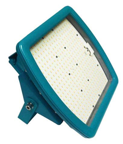 Blue rectangular LED floodlight with multiple small yellow bulbs and a mounting bracket.