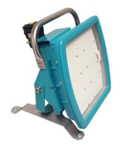 Portable blue LED work light with a sturdy metal base and carrying handle.