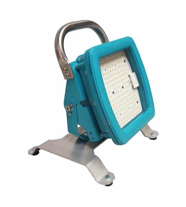 Portable blue LED floodlight with a metal handle and base, positioned on a white background.