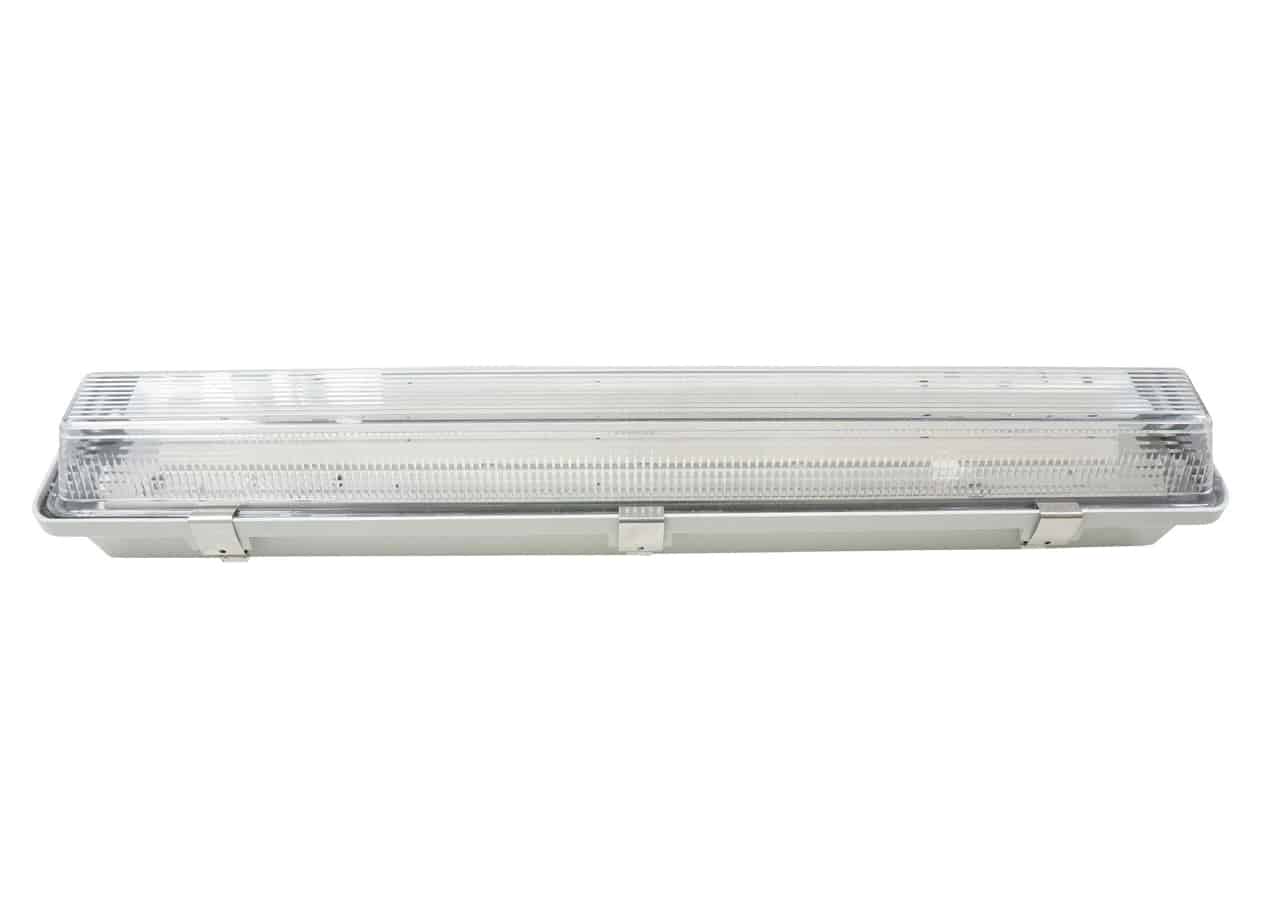 Long rectangular LED light fixture with a clear cover and grey base.