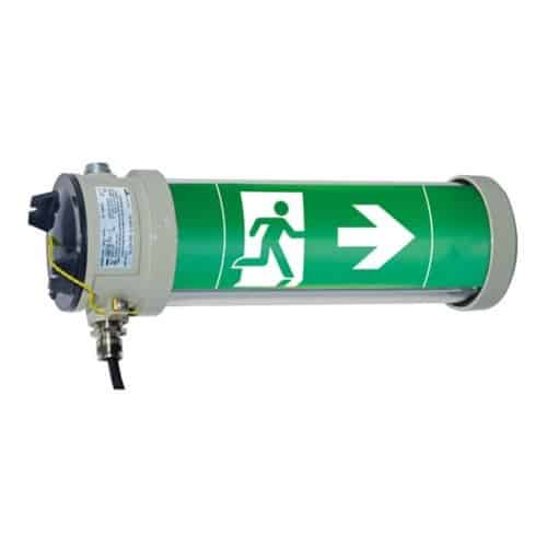 Green emergency exit sign light with a running figure and right arrow.