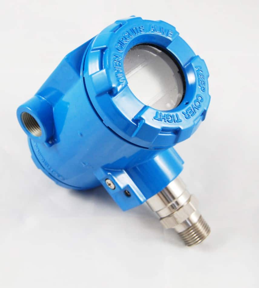 Blue industrial pressure transmitter with threaded metal connector on a white background.