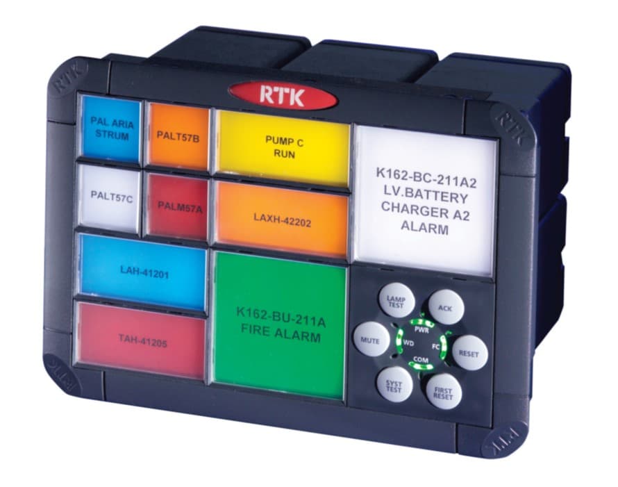 Control panel with colored alarm and indicator buttons, labeled with various system functions.