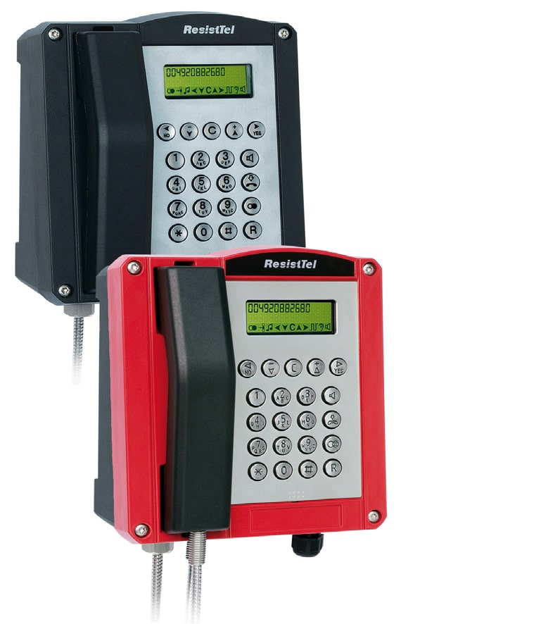 Two weatherproof ResistTel telephones, one black and one red, with keypads and displays.