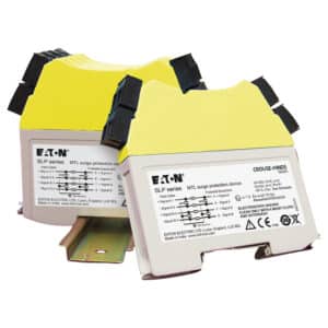 Two yellow and white Eaton SLP series surge protection devices on a white background.