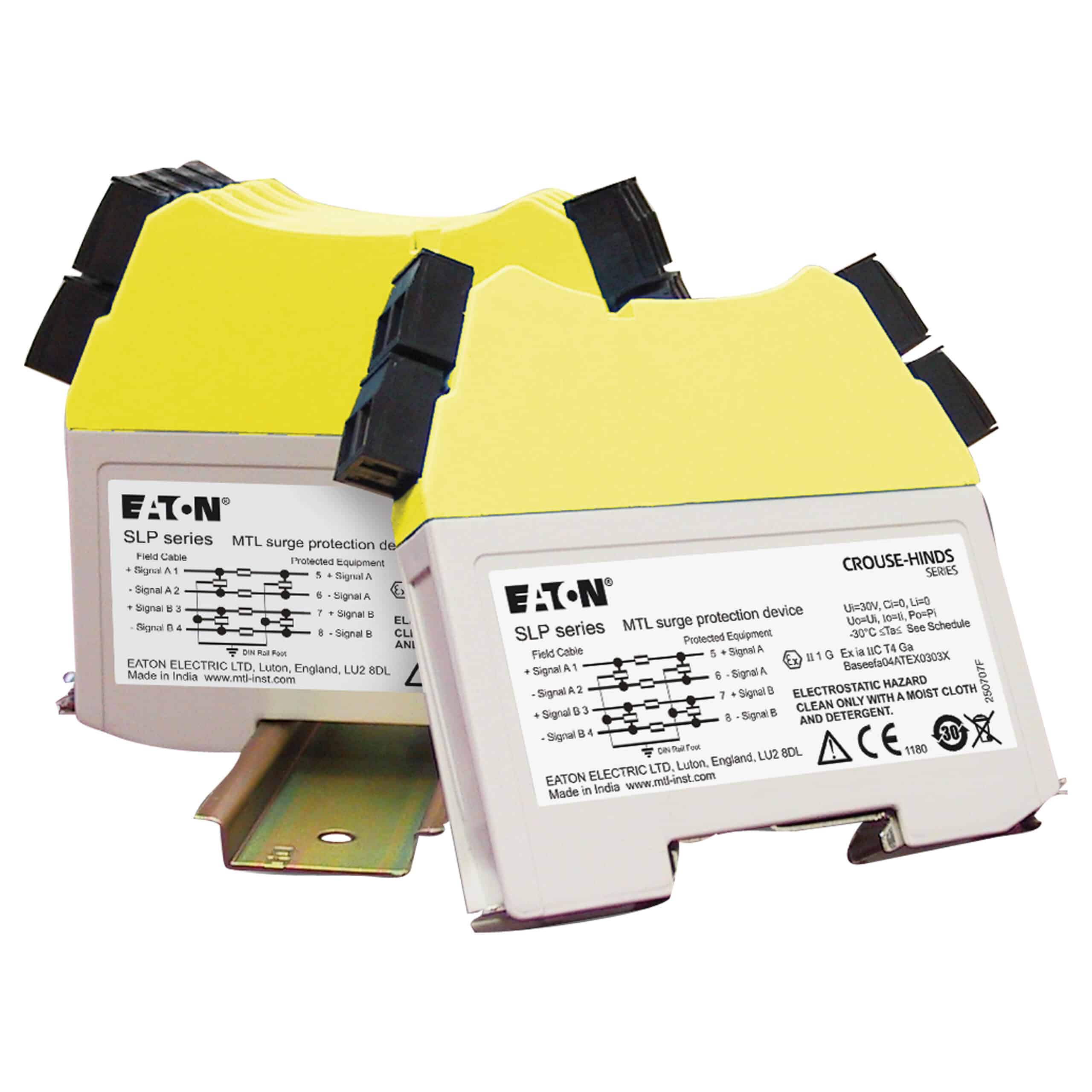 Two yellow and white Eaton SLP series surge protection devices on a white background.