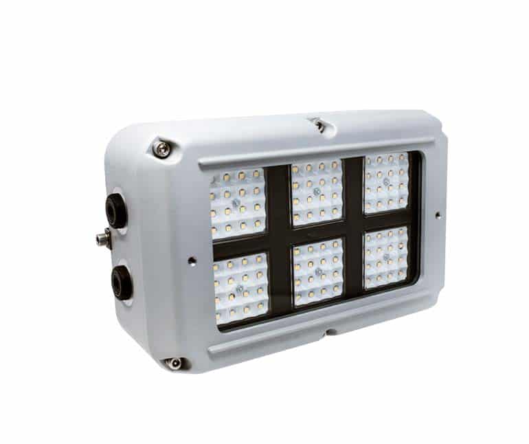 Rectangular industrial LED bulkhead light with a metal casing and six LED panels.