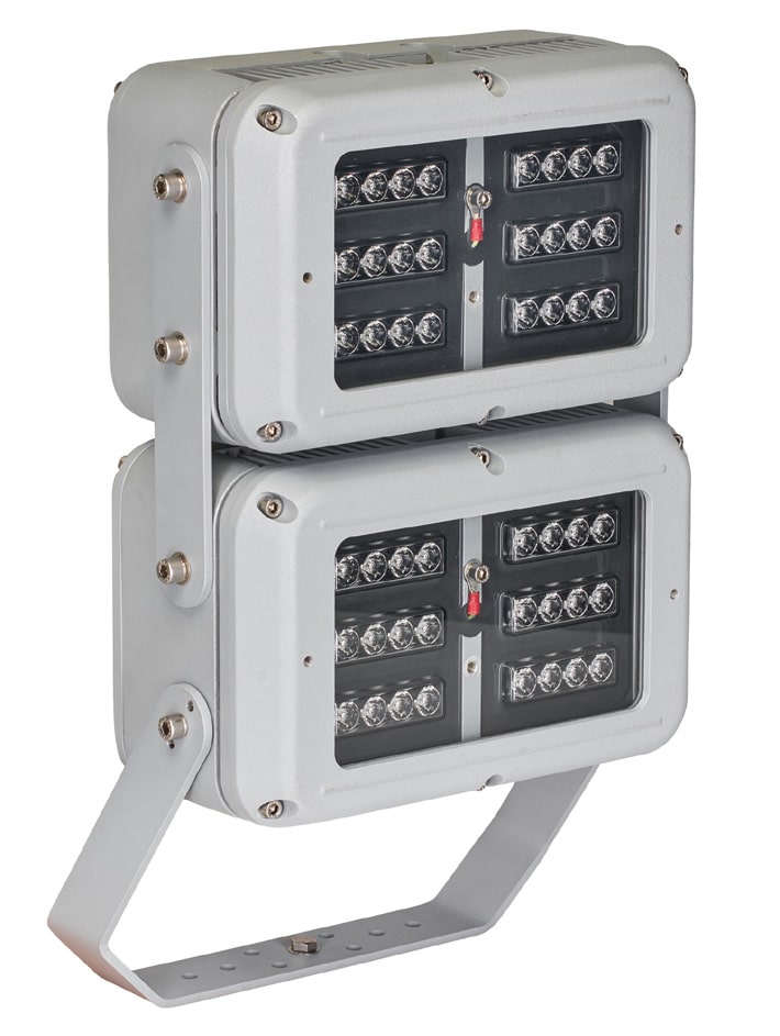 A double floodlight fixture with a metal frame and multiple LED bulbs, mounted on a bracket.