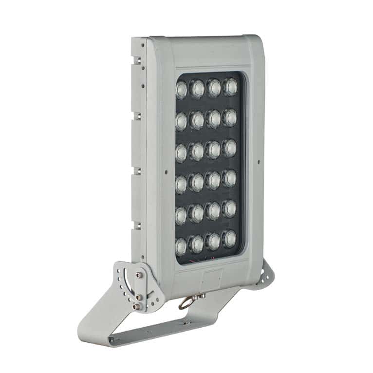 Rectangular industrial LED floodlight with multiple round lenses and a mounting bracket.