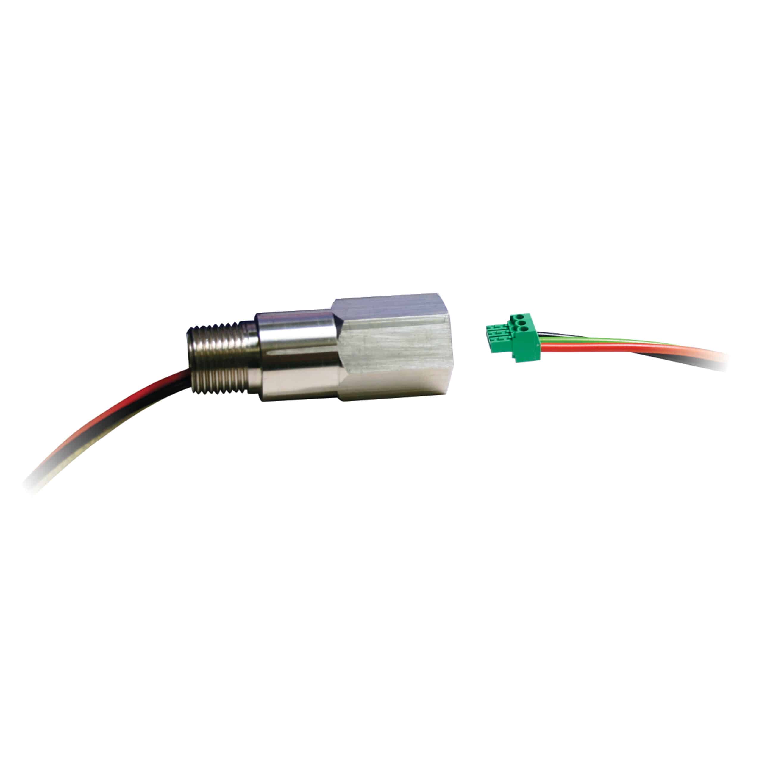 Metal sensor with attached wires and a green connector, isolated on a white background.