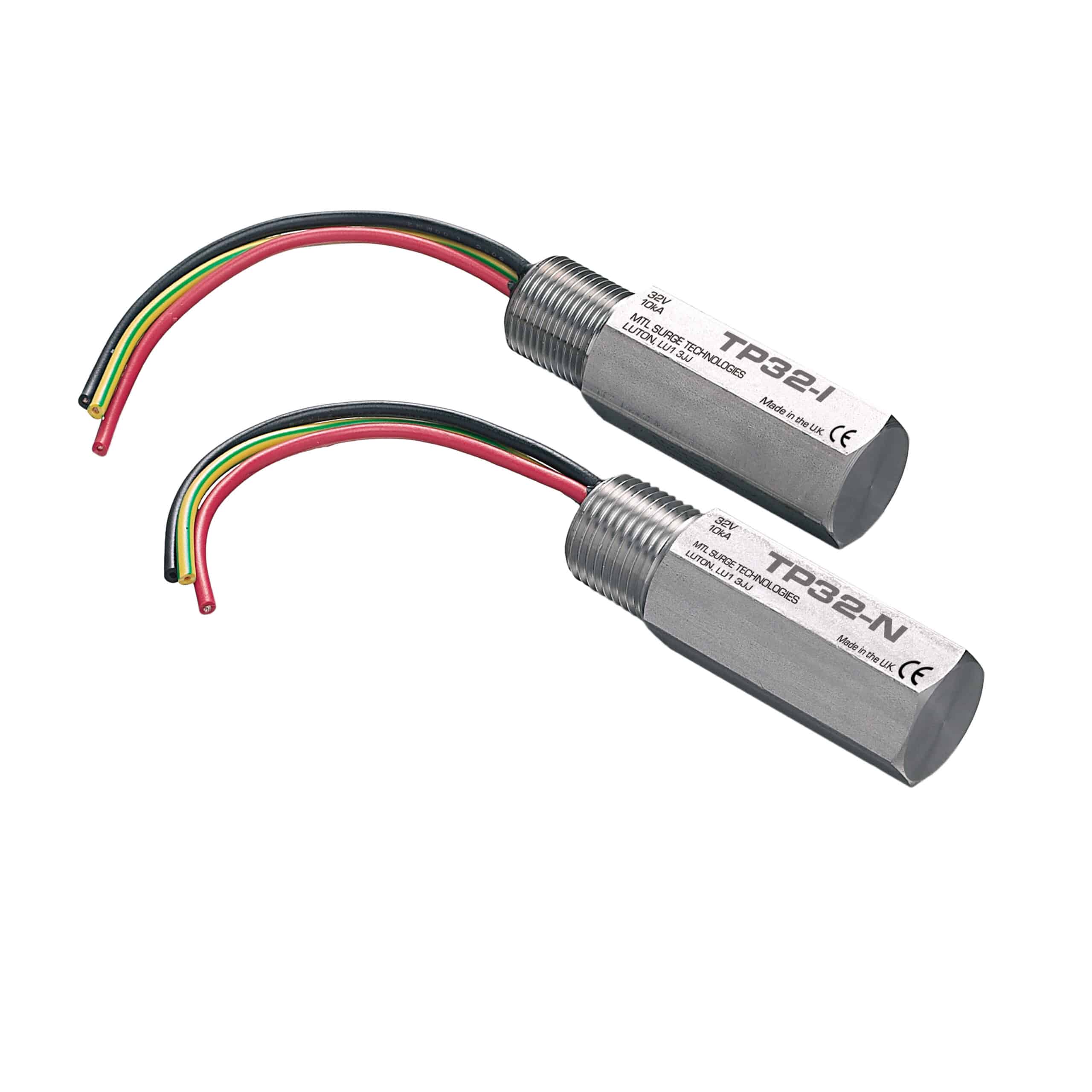 Two cylindrical metal sensors with red, black, yellow, and green wires attached.