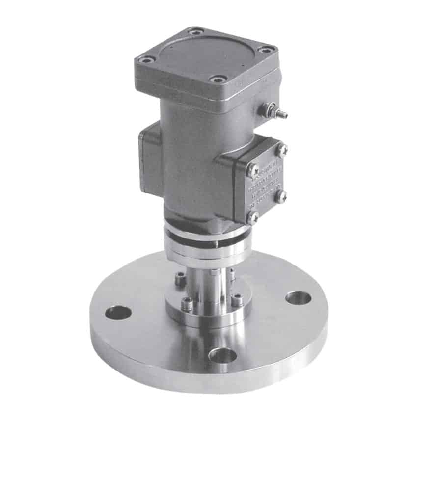 Industrial pressure sensor with a metal flange base, shown against a white background.