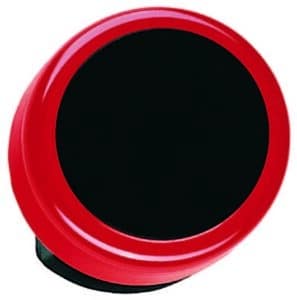 A round red and black signaling bell button against a white background.